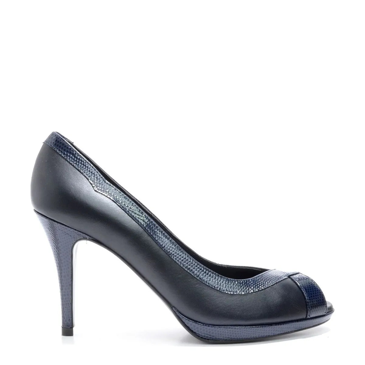Women's EYE Peep-Toe Leather High Heel Court Shoes F 112 - Navy