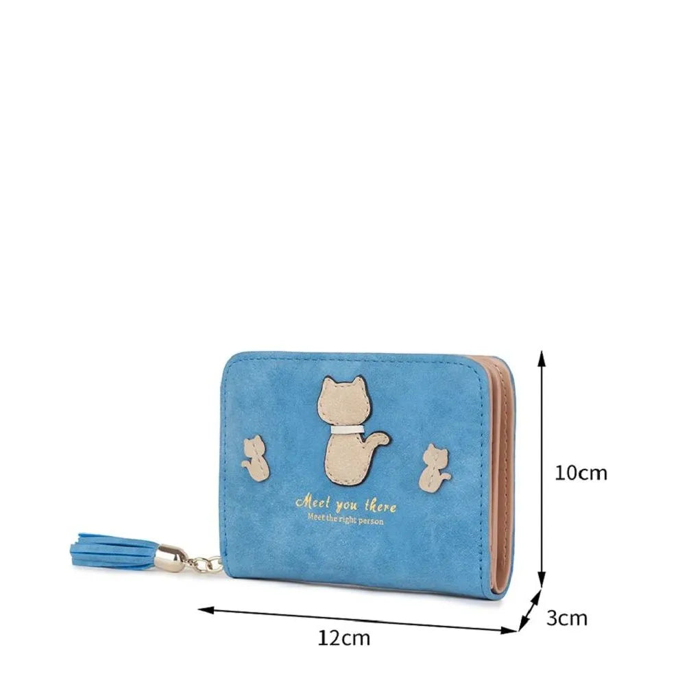 Women's Long & Son Cute Cat Small Credit Card and Purse Wallet with Tassel 12294-C - Baby Blue