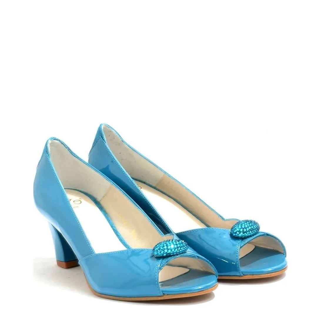 Women's Eye Peep-Toe Mid-Heel Patent Leather Court Shoes L 44 - Turquoise