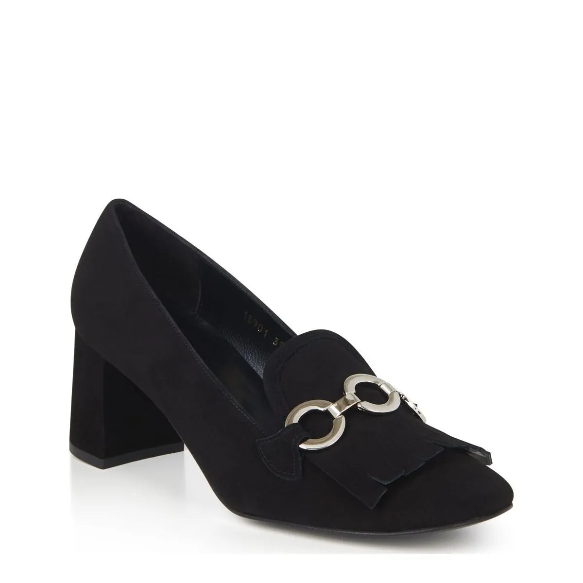 Women's EYE Fringe Trim Block Heel Leather Loafer Shoes G 91 - Black Suede