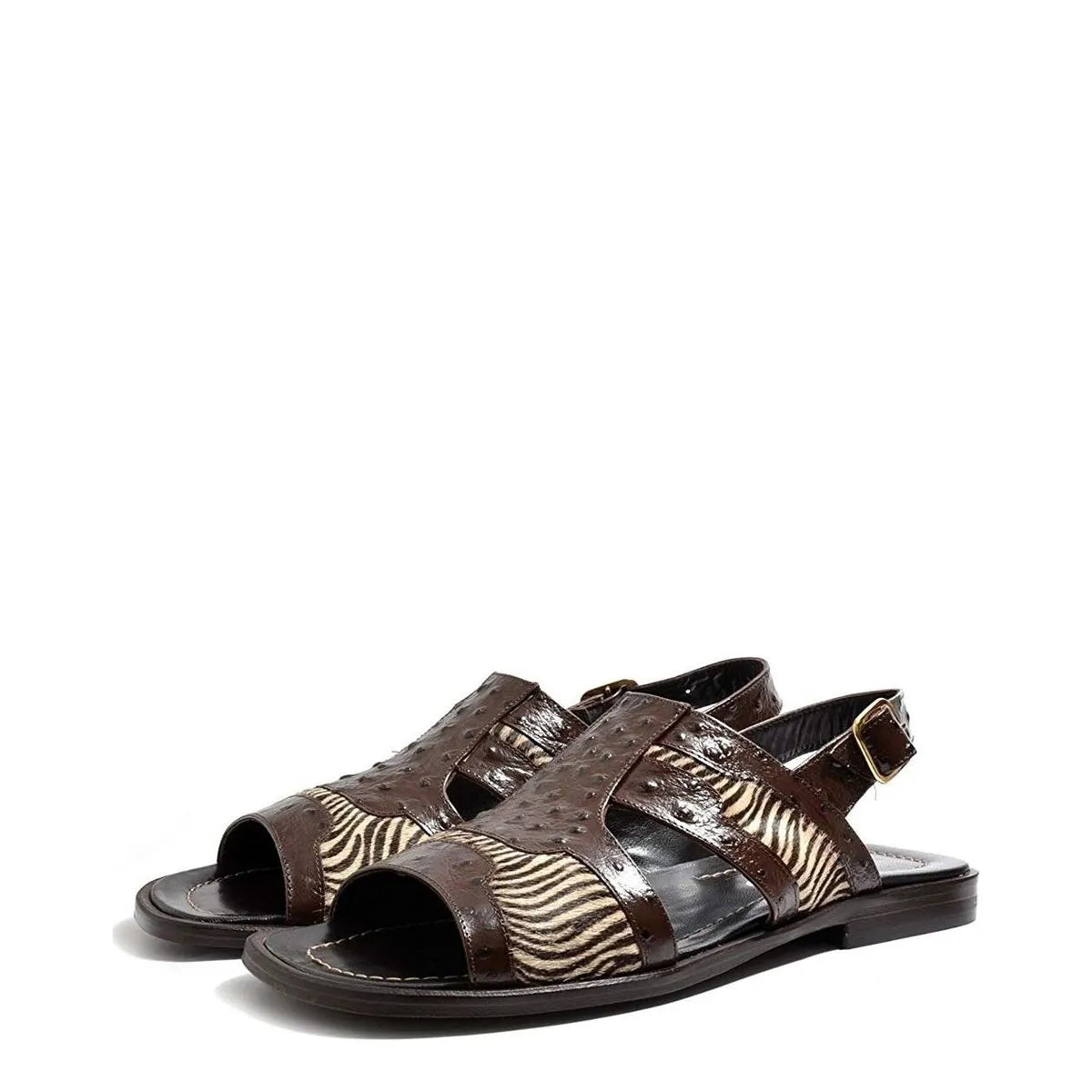 Men's VITELO Zebra & Ostrich Print Leather and Hair Calf Sandals TS 33 - Brown