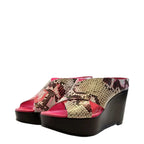 Women's EYE Multi Print Cross Over Wedge Leather Mule Sandals G 100 - Pink Multi