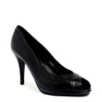 Women's EYE Peep-Toe Leather High Heel Court Shoes F 112 - Black