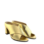 Women's EYE Cross Over Block Heel Leather Mule Sandals L 47 - Gold