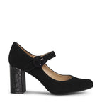 Women's Eye Mary Jane Block Heel Leather Shoes G 130 - Black Suede