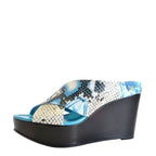 Women's EYE Multi Print Cross Over Wedge Leather Mule Sandals G 100 - Blue Multi