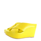 Women's EYE Cross Over Leather Wedge Mule Sandals G 99 - Lemon