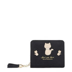 Women's Long & Son Cute Cat Small Credit Card and Purse Wallet with Tassel 12294-C - Black
