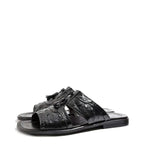 Men's VITELO Ostrich Print Toe Loop Leather Mule Sandals 214-3 - Black