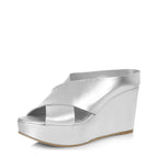 Women's EYE Cross Over Leather Wedge Mule Sandals G 99 - Silver
