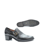 Women's VITELO Brogue & Buckle Leather Loafer Shoes F 67 - Black
