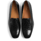 Men's VITELO Ostrich Print Leather Slipper Shoes M 50 - Black Ostrich
