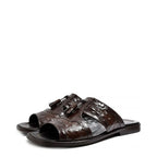 Men's VITELO Ostrich Print Toe Loop Leather Mule Sandals 214-3 - Brown