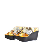 Women's EYE Multi Print Cross Over Wedge Leather Mule Sandals G 100 - Mustard Multi