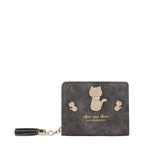 Women's Long & Son Cute Cat Small Credit Card and Purse Wallet with Tassel 12294-C - Dark Grey