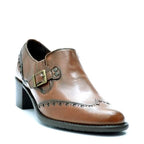 Women's VITELO Brogue & Buckle Leather Loafer Shoes F 67 - Brown