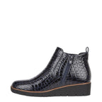 Women's Jo & Joe Walnut Twin Gusset Croc Wedge Heel Ankle Boots - Navy