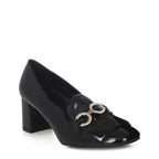 Women's EYE Fringe Trim Block Heel Leather Loafer Shoes G 91 - Black Patent