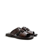 Men's VITELO Ostrich Print Toe Loop Leather Mule Sandals 214-3 - Brown