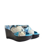 Women's EYE Multi Print Cross Over Wedge Leather Mule Sandals G 100 - Blue Multi