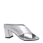 Women's EYE Cross Over Block Heel Leather Mule Sandals L 47 - Silver