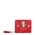 Women's Long & Son Cute Cat Small Credit Card and Purse Wallet with Tassel 12294-C - Red