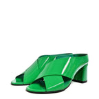 Women's EYE Cross Over Block Heel Leather Mule Sandals L 47 - Green Patent