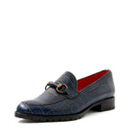 Women's VITELO Croc Print Leather Loafers with Horse Bit Trim Shoes L 3 - Navy Croc