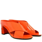 Women's EYE Cross Over Block Heel Leather Mule Sandals L 47 - Orange Patent