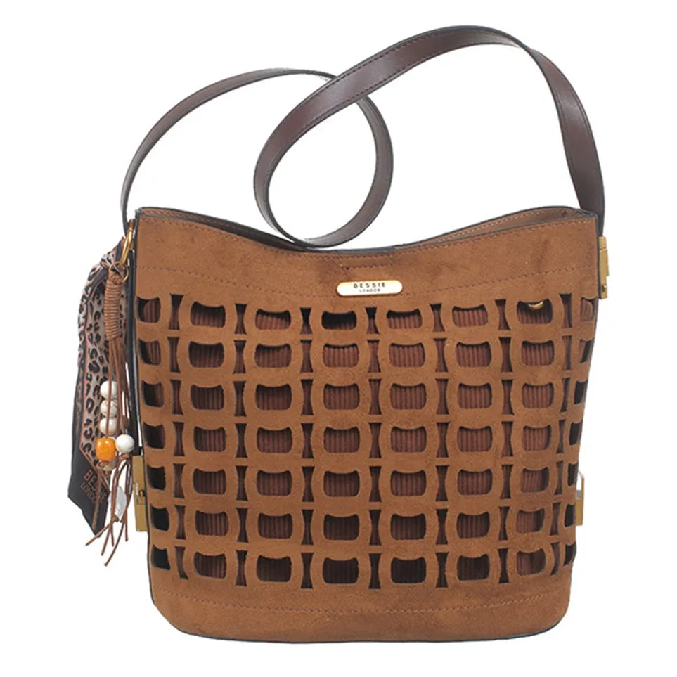 Women's Bessie London Geometric Suedette Shoulder Bag BW7574 - Tan