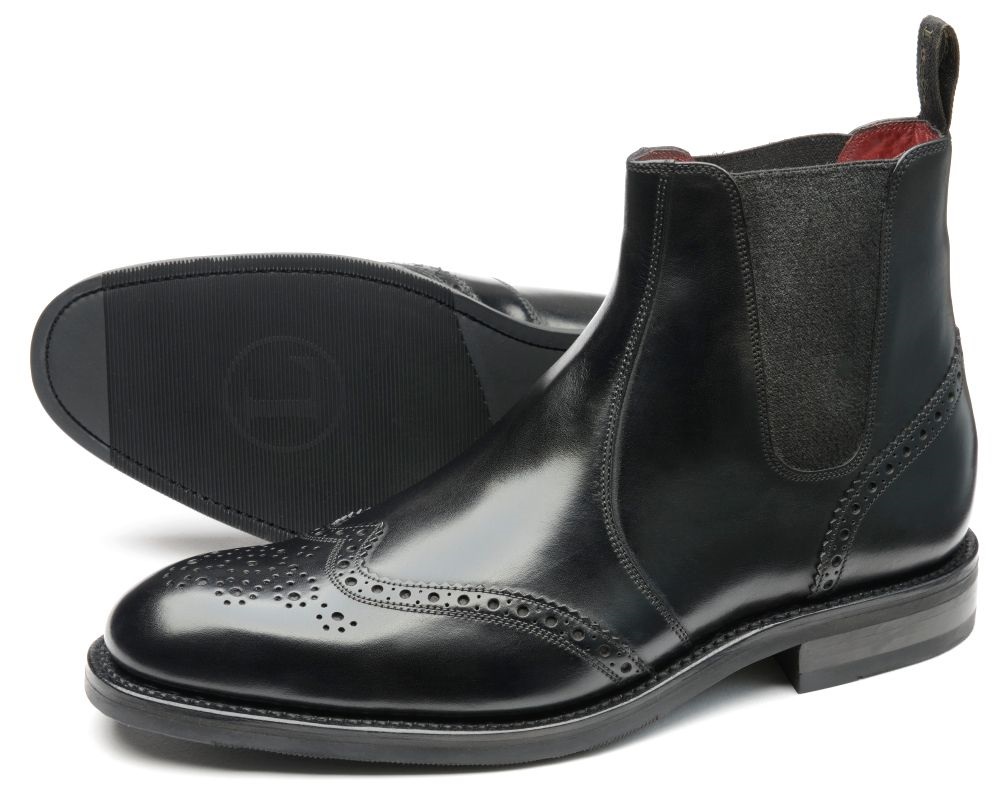 Men s Loake Hoskins Brogue Calf Leather Chelsea Boots Black