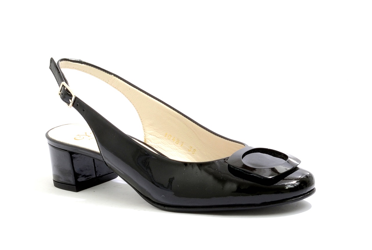 Women's EYE Sling Back Low Heel Leather Shoes G 124 - Black Patent