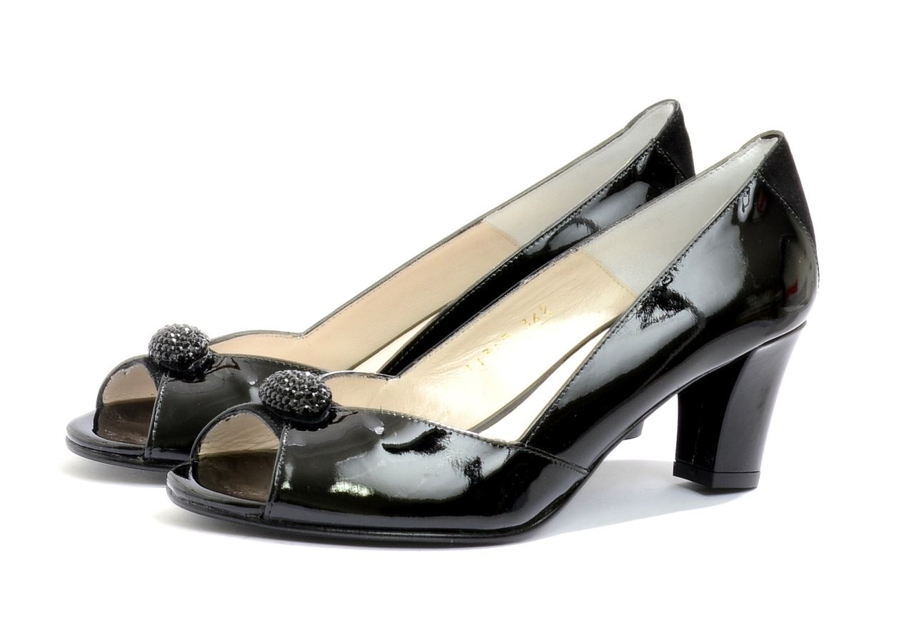 Women's Eye Peep-Toe Mid-Heel Patent Leather Court Shoes L 44 - Black
